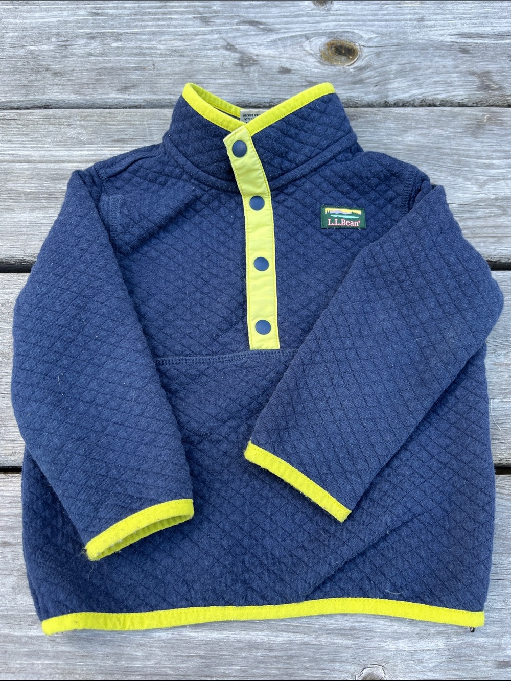 L.L. Bean Navy Quilted Kids Pullover with Lime Trim